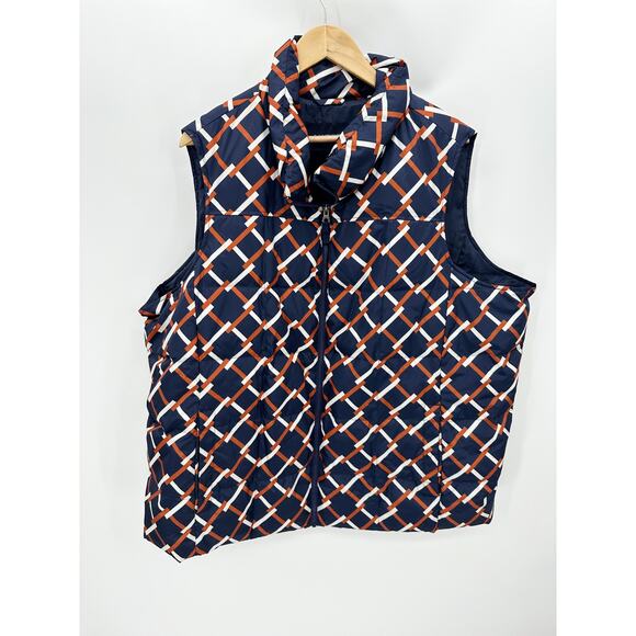 Land's End Blue Brown White Geo Check Sleeveless Full Zip Down Puffer Vest 3X - Picture 1 of 8